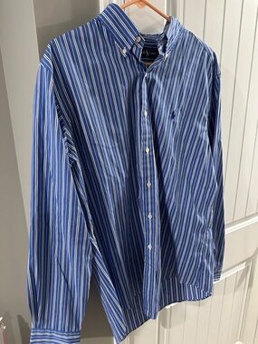 Men’s Ralph Lauren Royal Blue and White Striped Button-Down Shirt Large Classic